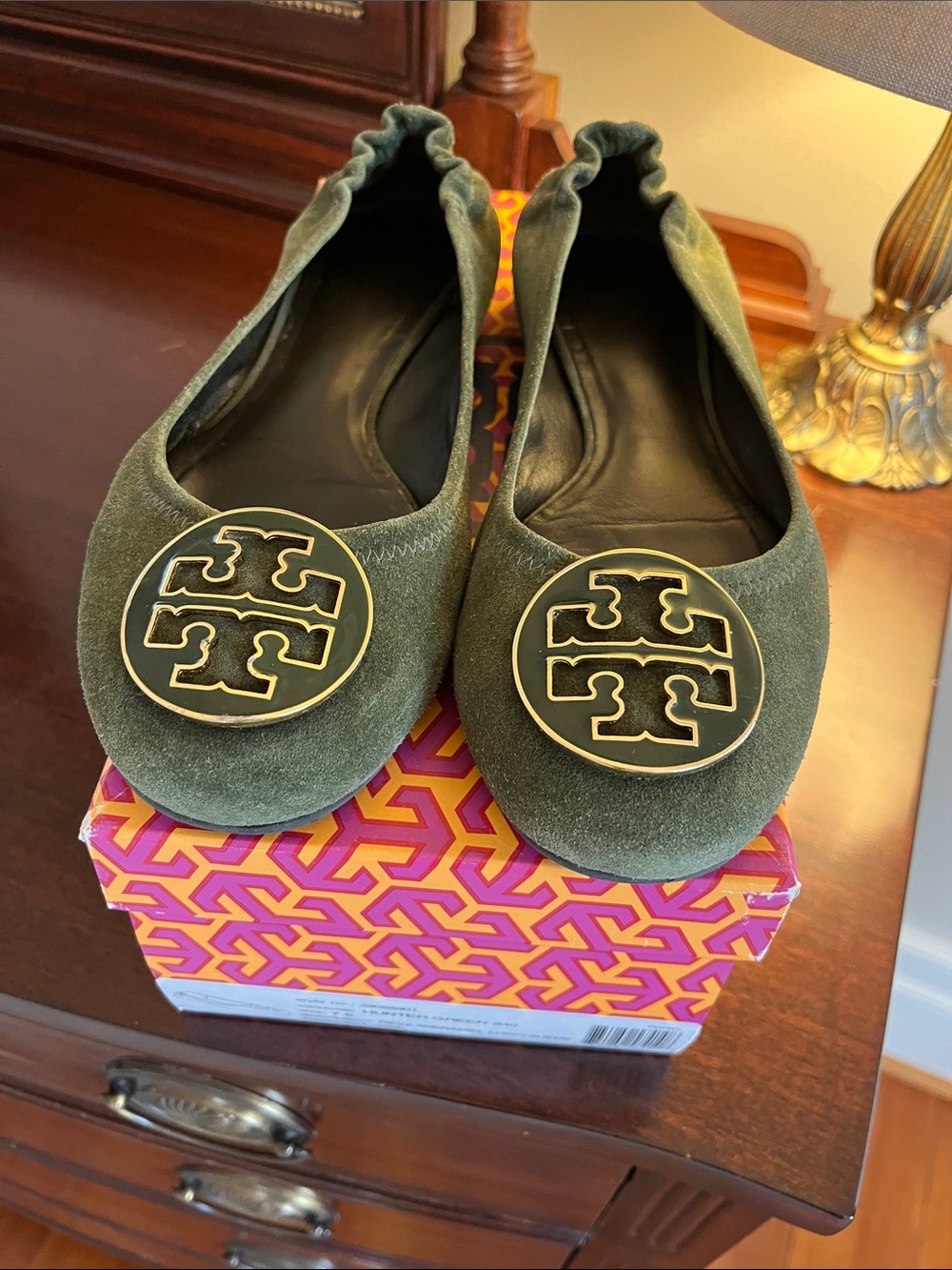 Tory Burch Olive Suede Logo Ballet Flats with Gold Medallion